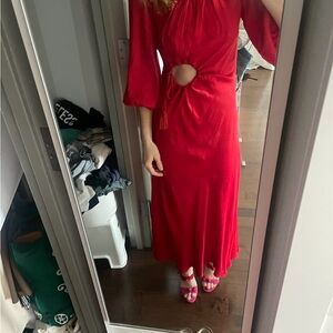 Farm Rio Satin Red Cut-out Midi Dress Size XS